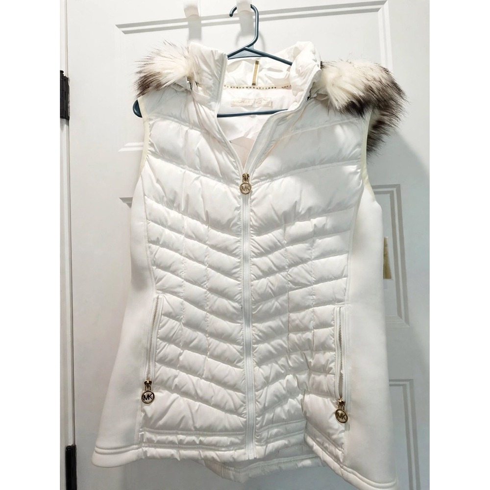 MICHAEL Michael Kors Cream Puffer Vest Size L NWT $150 - Faux Fur Hood